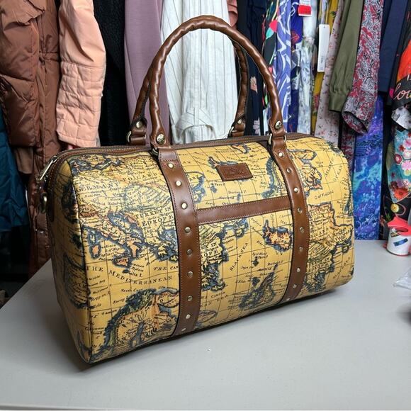 Patricia Nash Milano Weekender Duffel Bag European Map Patina Coated Linen NWT - Picture 10 of 12
